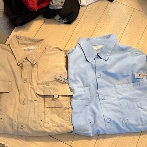 Two Columbia Beige and Light Blue long sleeve Outdoor Shirts